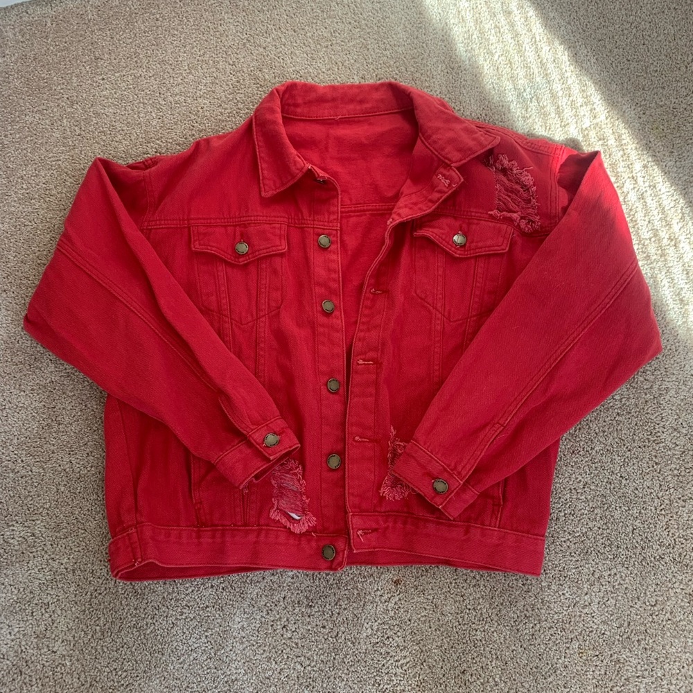 Distressed Red Denim Jacket